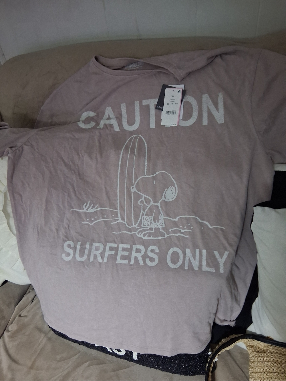 Caution Surfers Only Snoopy Graphic Tee - Dusty Pink M/L